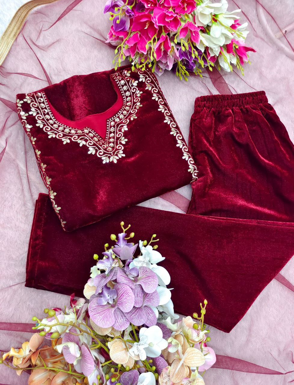Royal Velvet Glam: Stunning Top-Pant-Dupatta Set with Heavy Embroidery & Luxe Sequence Work β Fully Stitched & Ready to Wear"