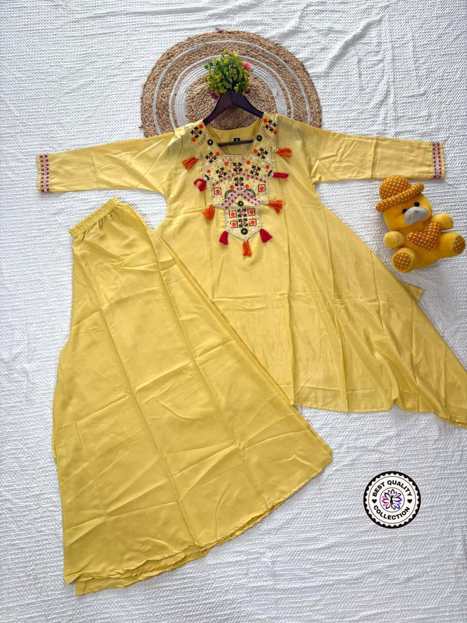 Premium French Crepe Kurti‑Pant Set – Embroidered Top with Matching Bottom