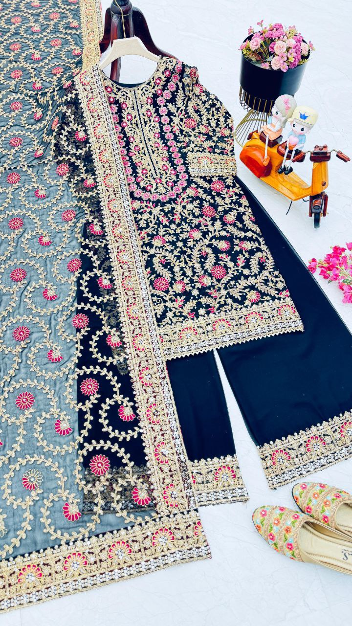 Elegant Black Embroidered Fox Georgette Suit Set – A Perfect Blend of Grace and Style