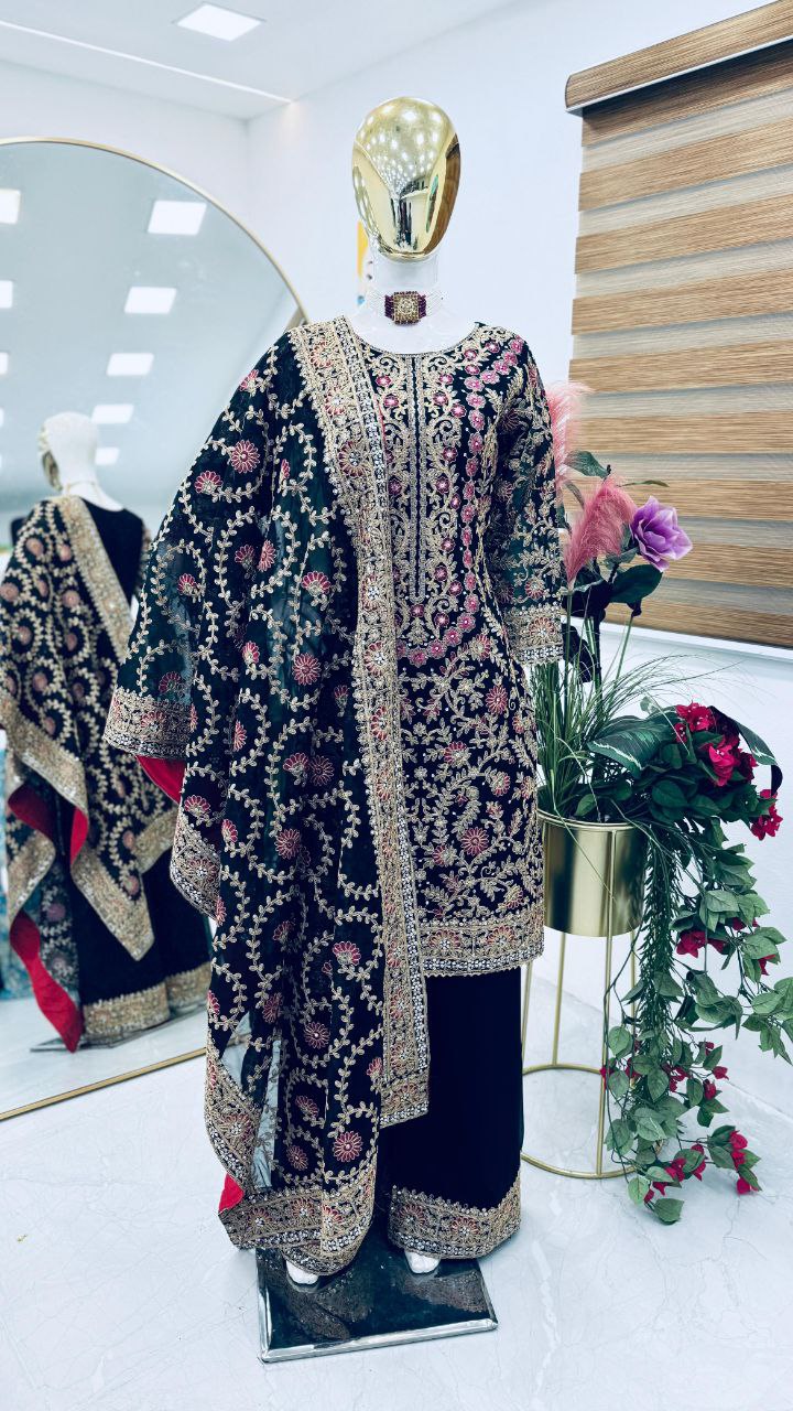 Elegant Black Embroidered Fox Georgette Suit Set – A Perfect Blend of Grace and Style