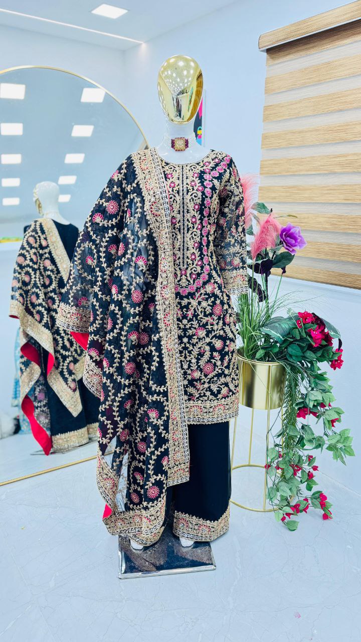 Elegant Black Embroidered Fox Georgette Suit Set – A Perfect Blend of Grace and Style