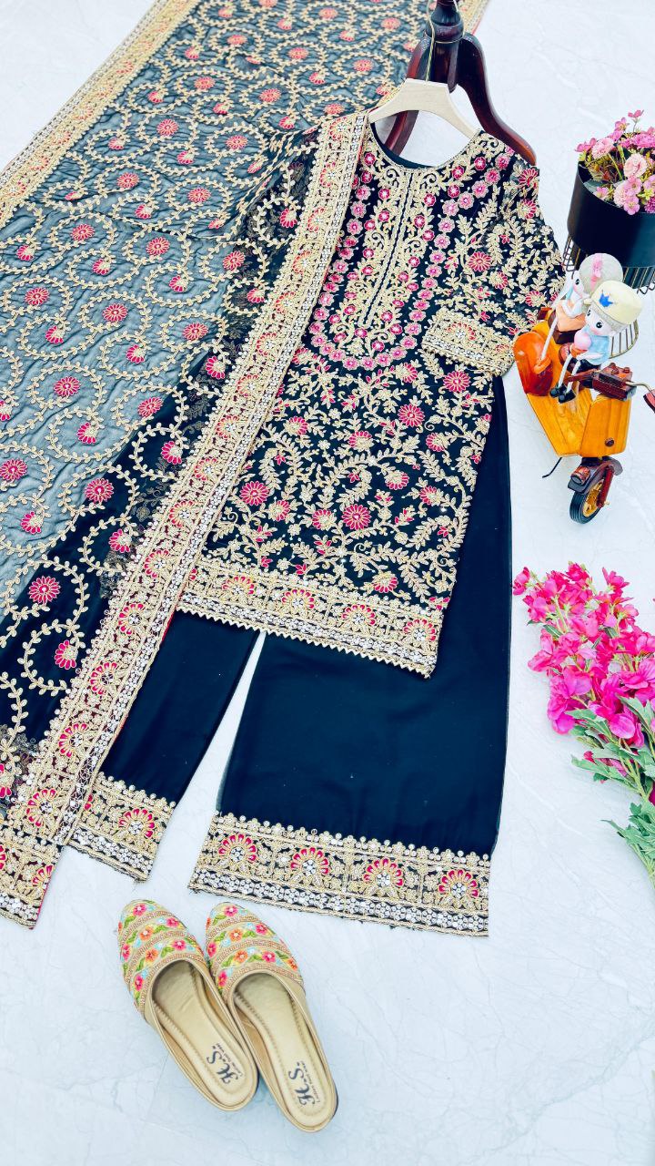 Elegant Black Embroidered Fox Georgette Suit Set – A Perfect Blend of Grace and Style