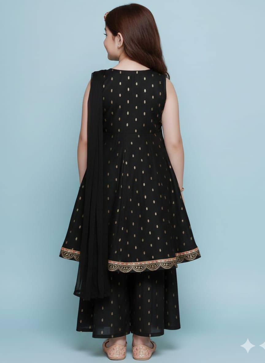 Premium Kids Chanderi Silk Kurta‑Sharara‑Dupatta Set – Printed Design with Chinnon Dupatta
