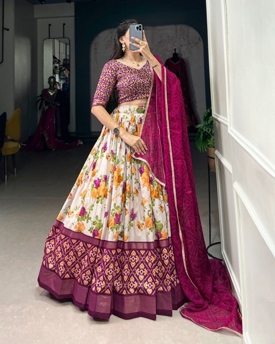 Regal Tussar Silk Lehenga Choli Set ✨ A Perfect Blend of Floral Elegance & Patola Grace