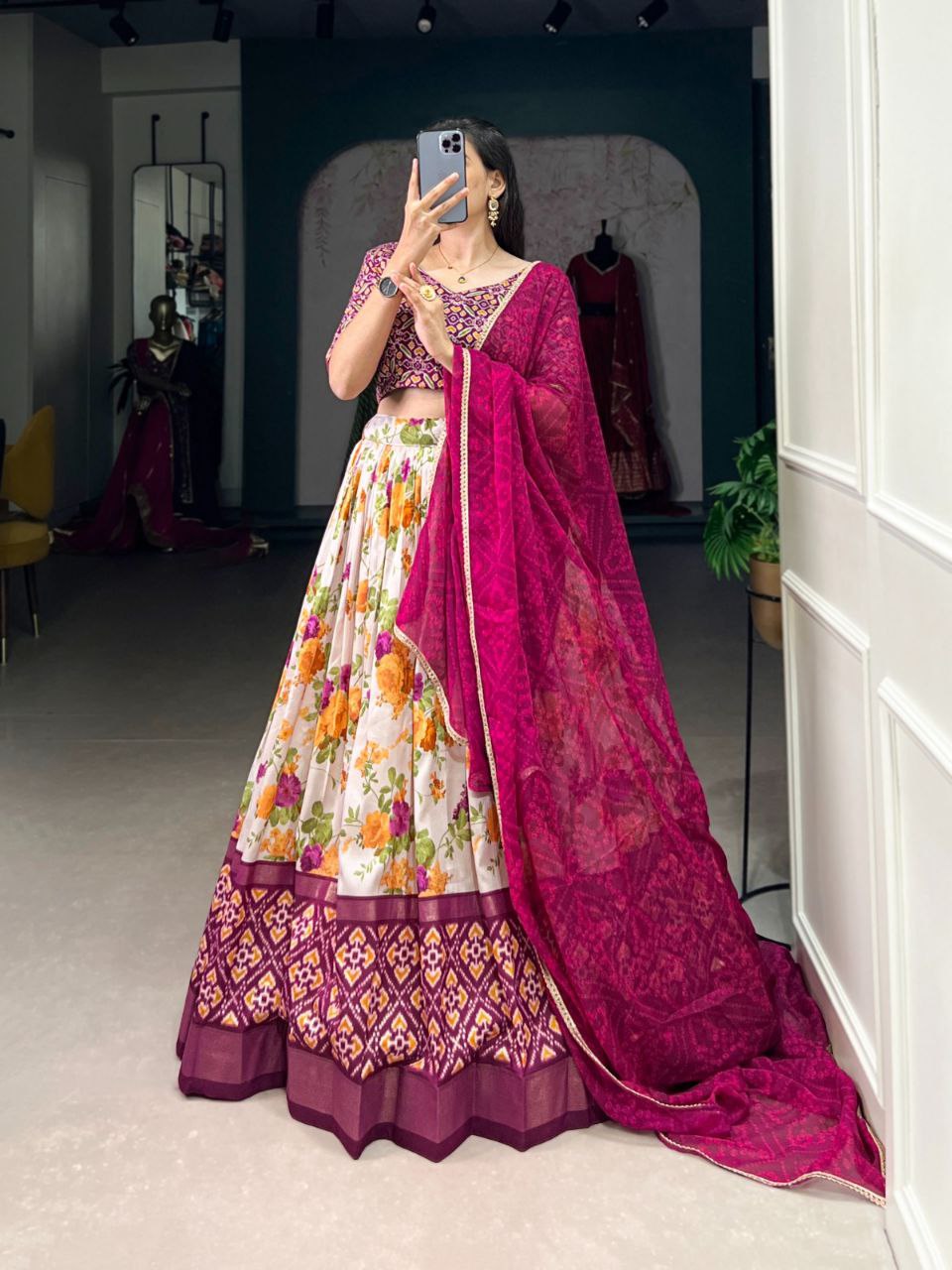 Regal Tussar Silk Lehenga Choli Set ✨ A Perfect Blend of Floral Elegance & Patola Grace