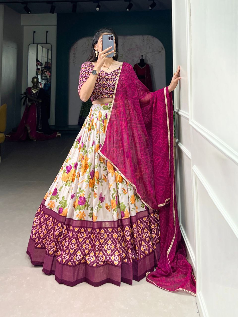 Regal Tussar Silk Lehenga Choli Set ✨ A Perfect Blend of Floral Elegance & Patola Grace