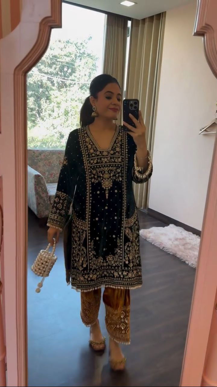 Bollywood Wear Winter Velvet Cording Sequence Embroidery Work Suit with Pant