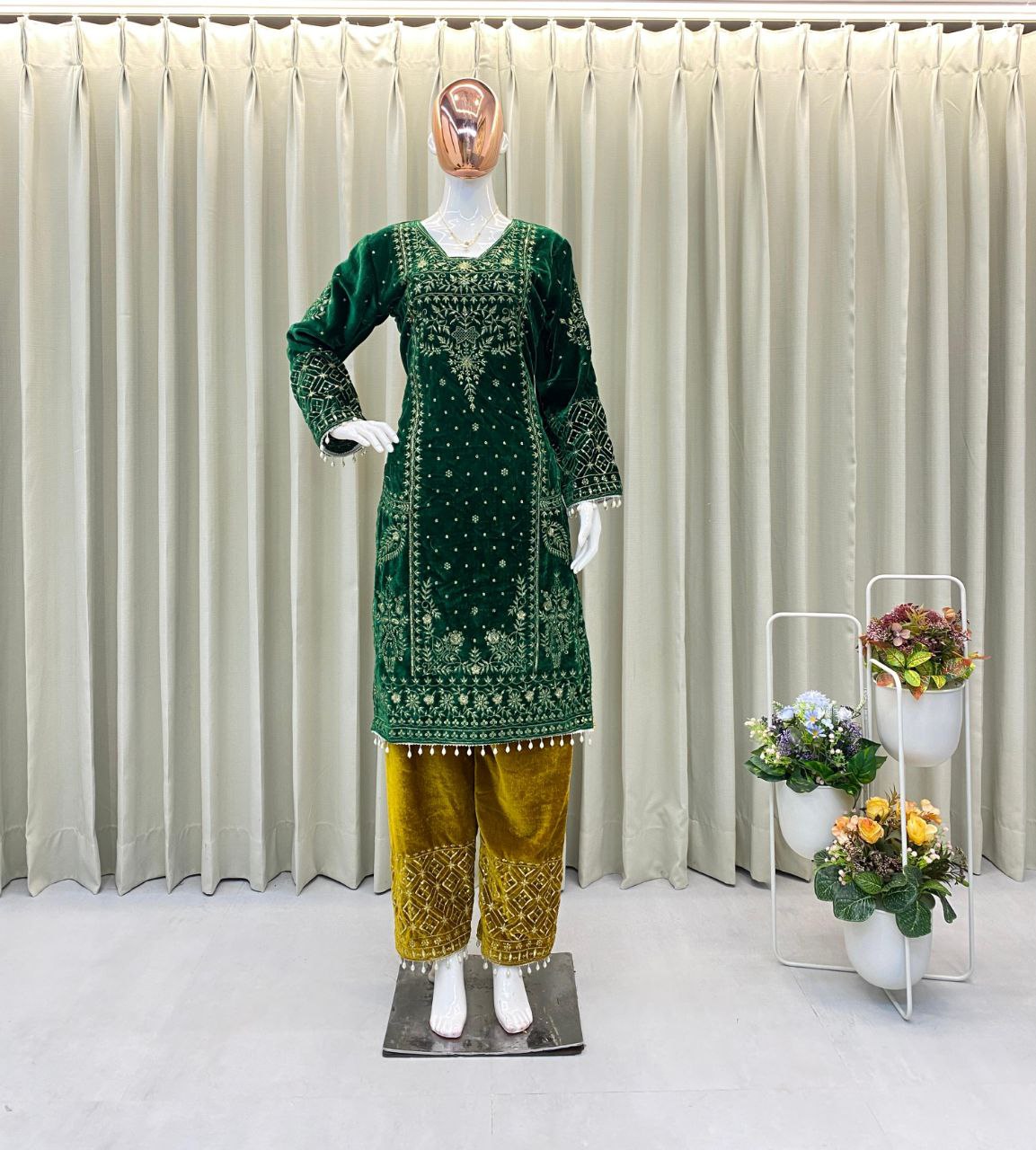 Bollywood Wear Winter Velvet Cording Sequence Embroidery Work Suit with Pant