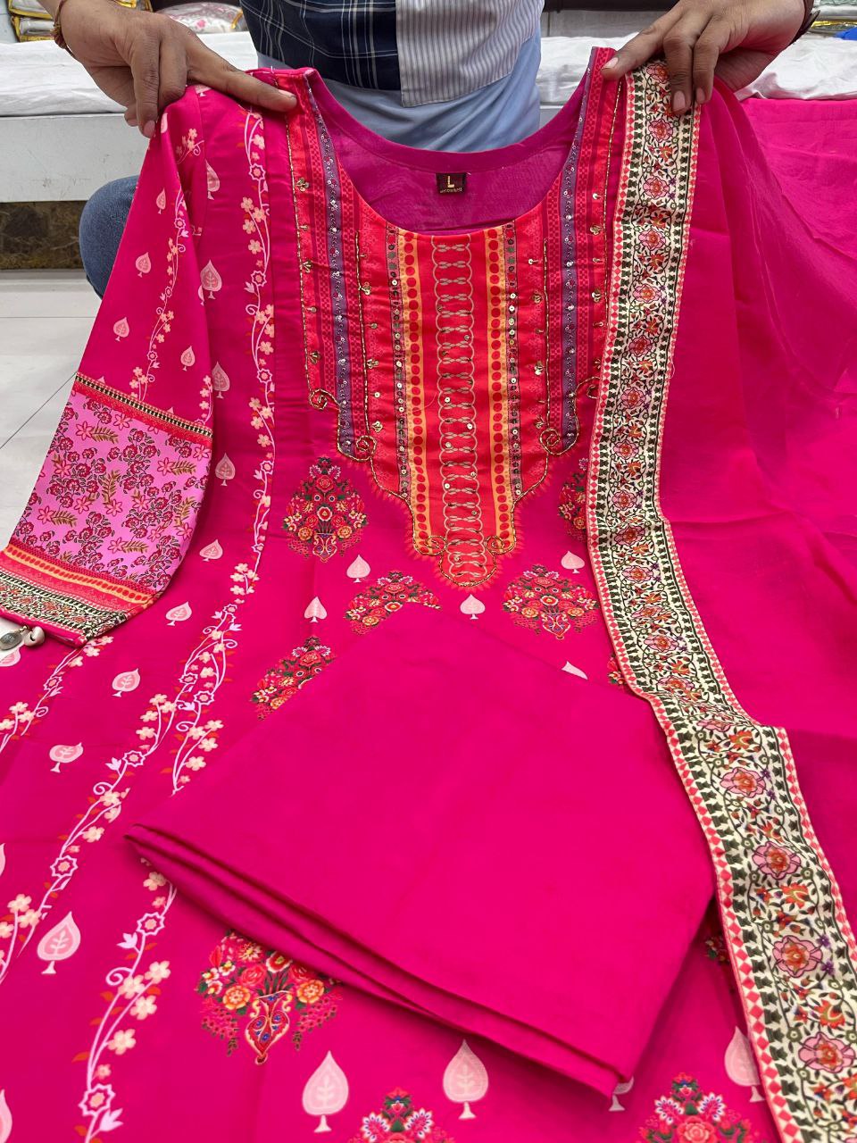 Pakistani Reshmi Pink Diamond Silk Suit Set with Schiffli Hand Work