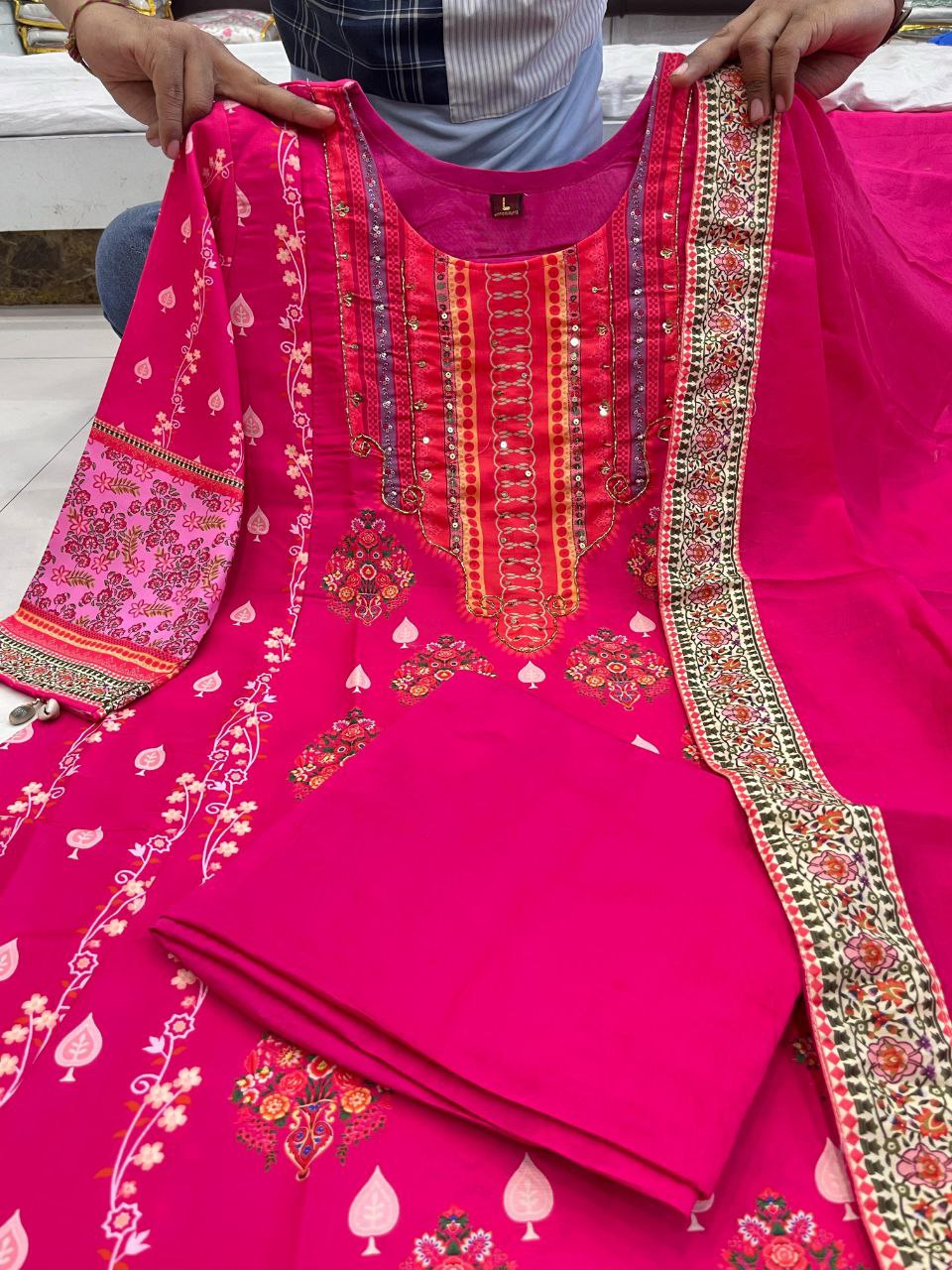 Pakistani Reshmi Pink Diamond Silk Suit Set with Schiffli Hand Work