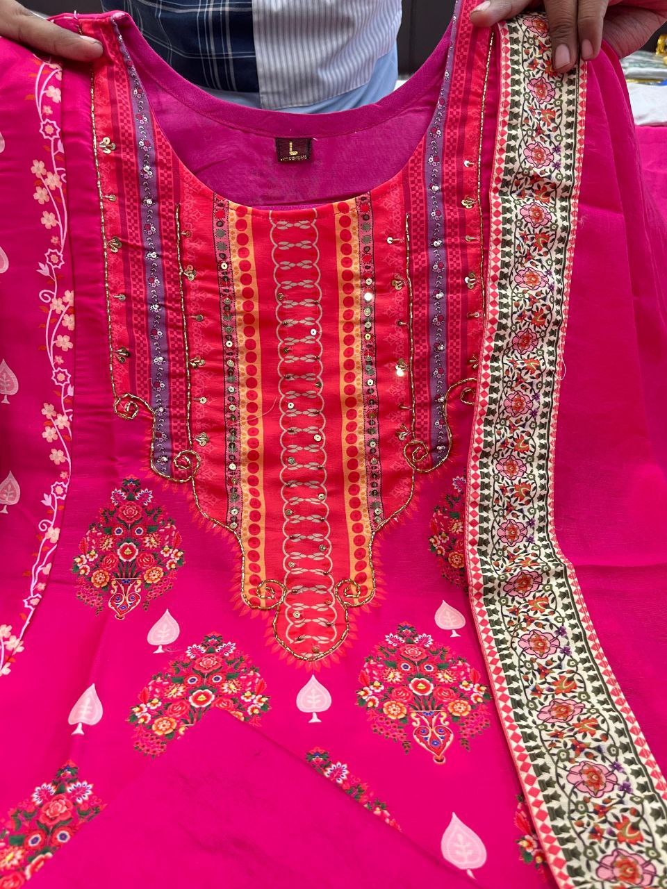 Pakistani Reshmi Pink Diamond Silk Suit Set with Schiffli Hand Work