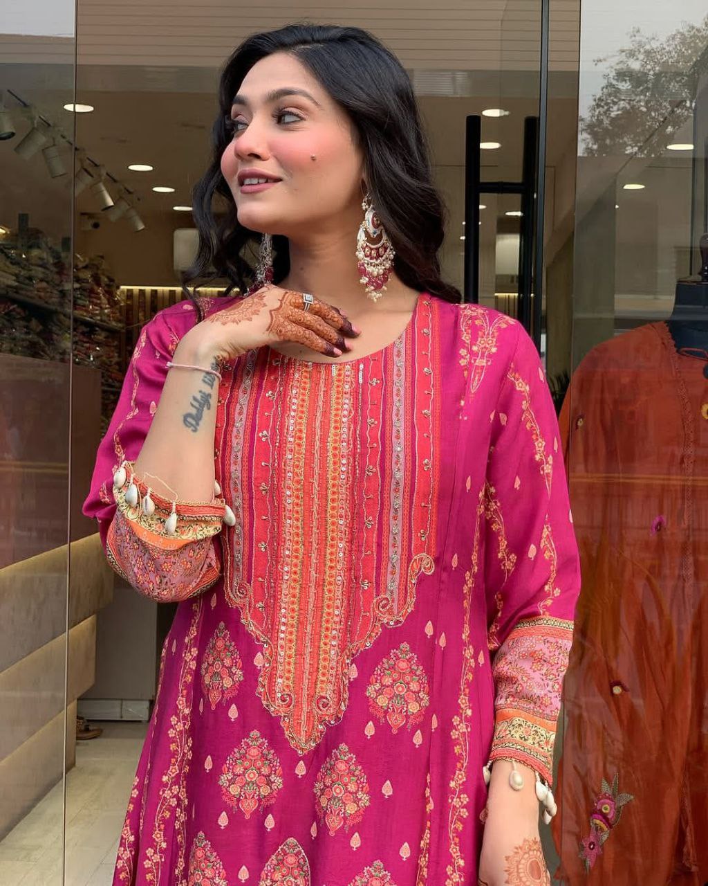 Pakistani Reshmi Pink Diamond Silk Suit Set with Schiffli Hand Work