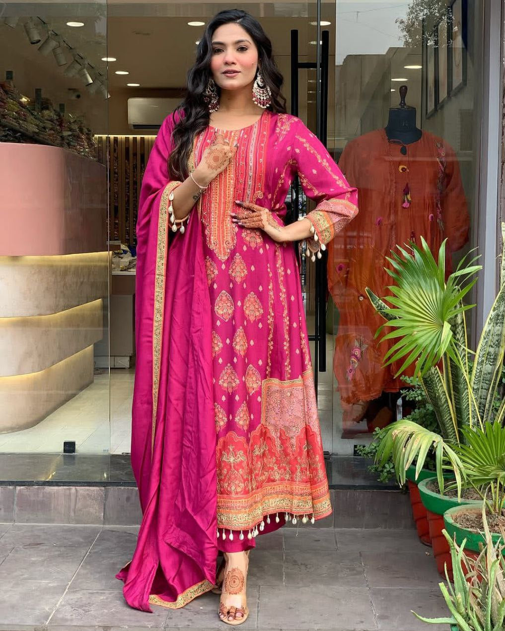 Pakistani Reshmi Pink Diamond Silk Suit Set with Schiffli Hand Work