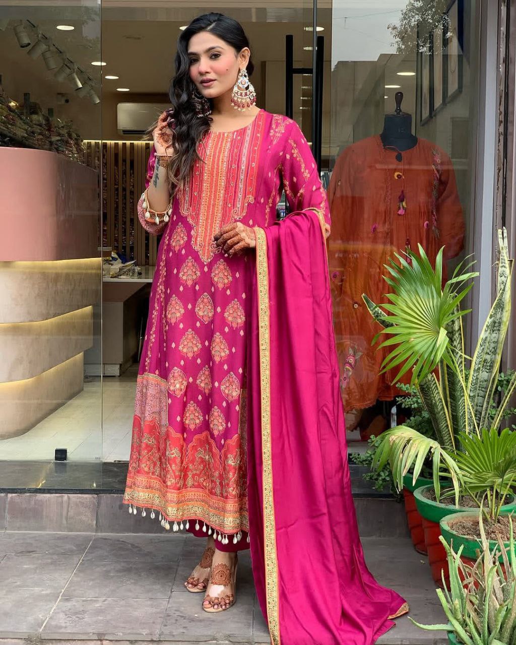 Pakistani Reshmi Pink Diamond Silk Suit Set with Schiffli Hand Work