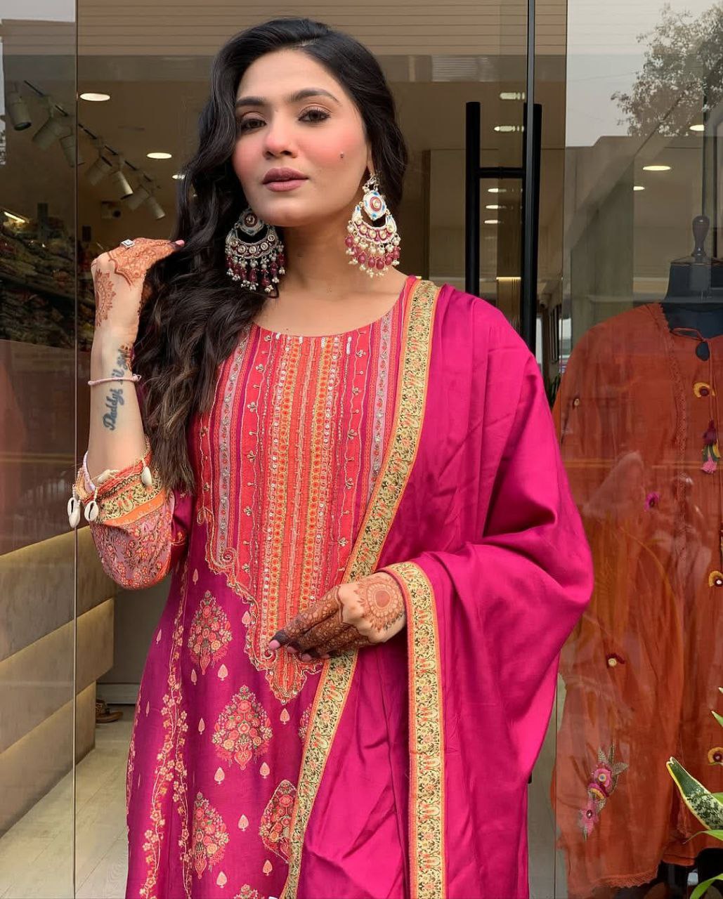 Pakistani Reshmi Pink Diamond Silk Suit Set with Schiffli Hand Work