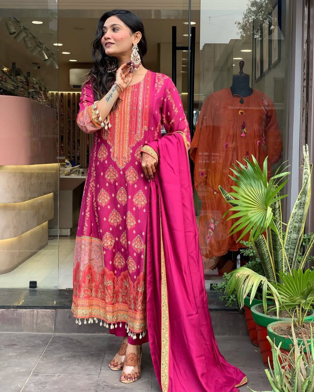 Pakistani Reshmi Pink Diamond Silk Suit Set with Schiffli Hand Work