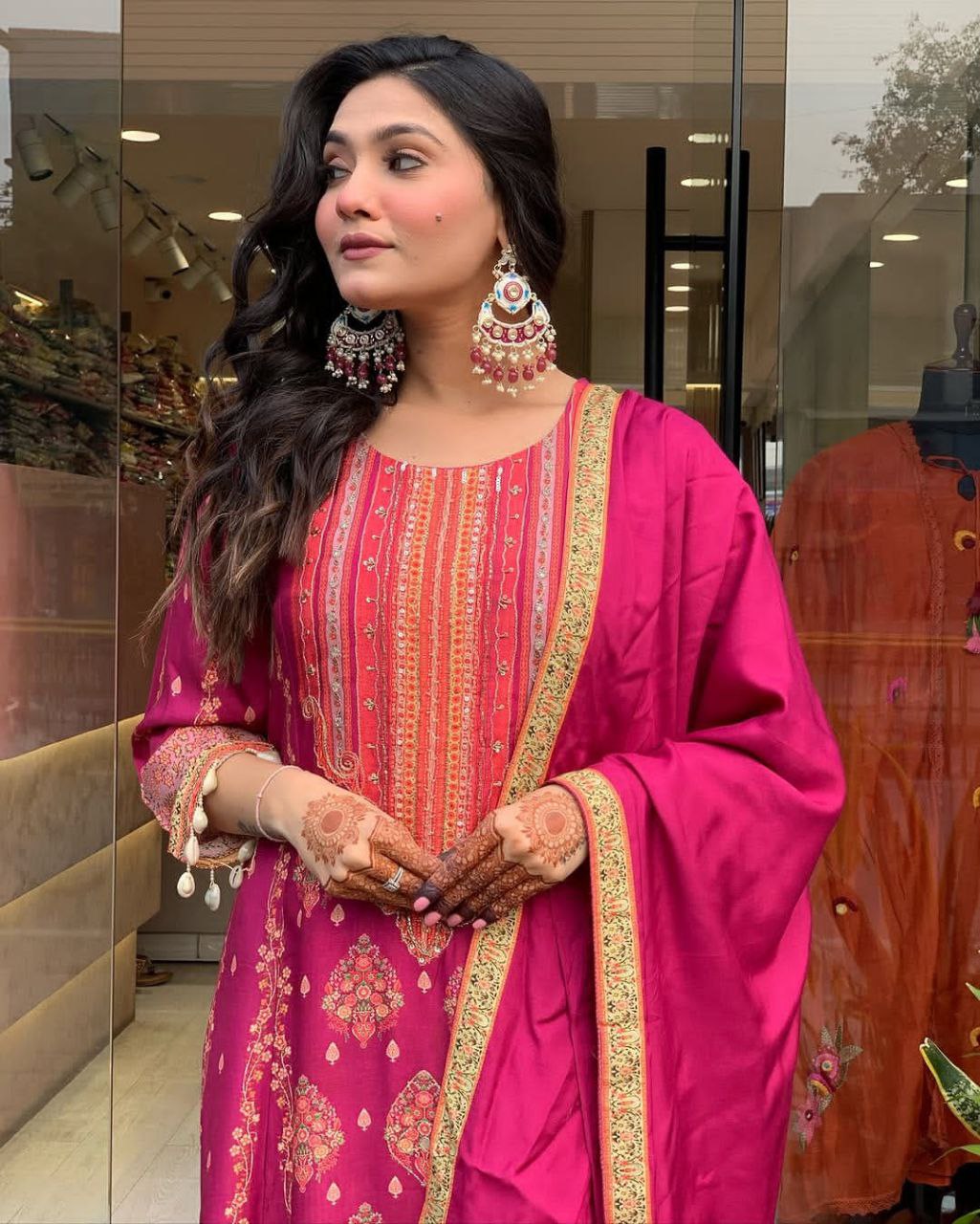 Pakistani Reshmi Pink Diamond Silk Suit Set with Schiffli Hand Work