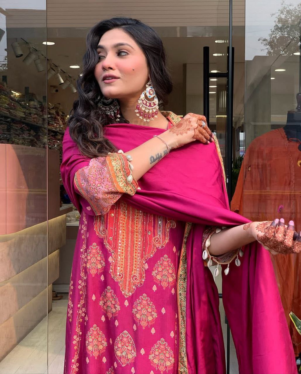 Pakistani Reshmi Pink Diamond Silk Suit Set with Schiffli Hand Work