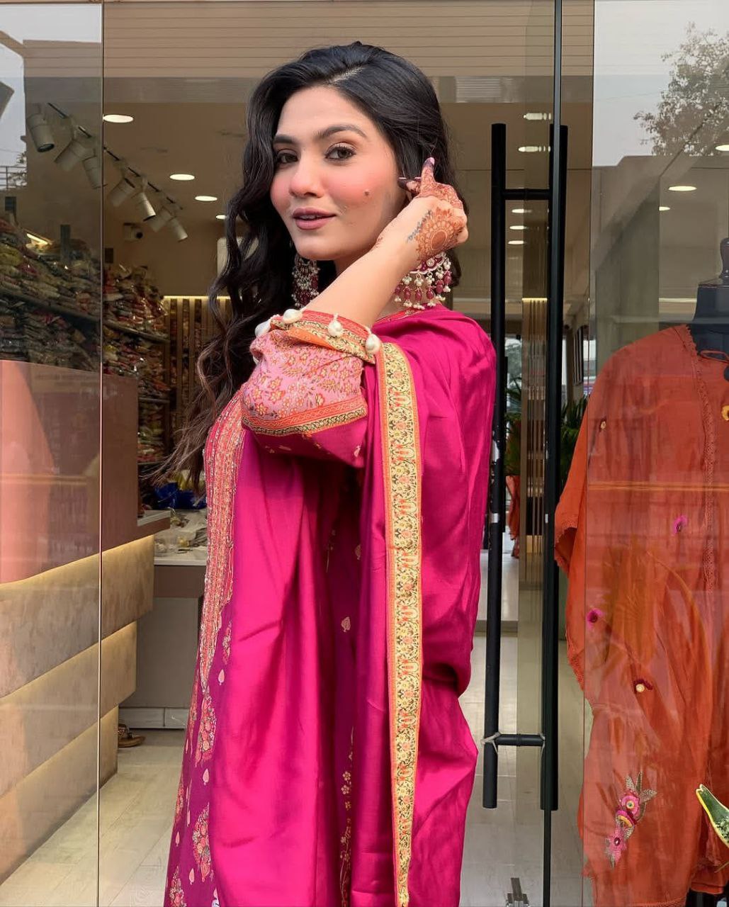 Pakistani Reshmi Pink Diamond Silk Suit Set with Schiffli Hand Work