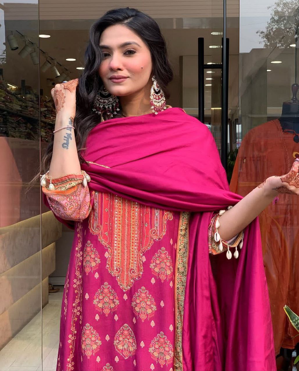 Pakistani Reshmi Pink Diamond Silk Suit Set with Schiffli Hand Work