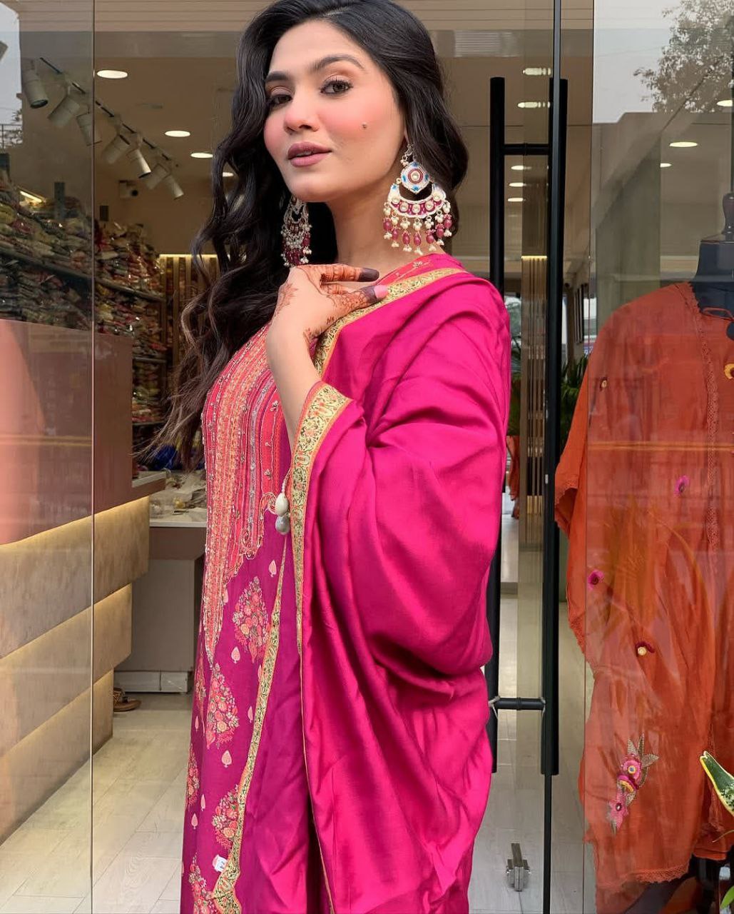 Pakistani Reshmi Pink Diamond Silk Suit Set with Schiffli Hand Work