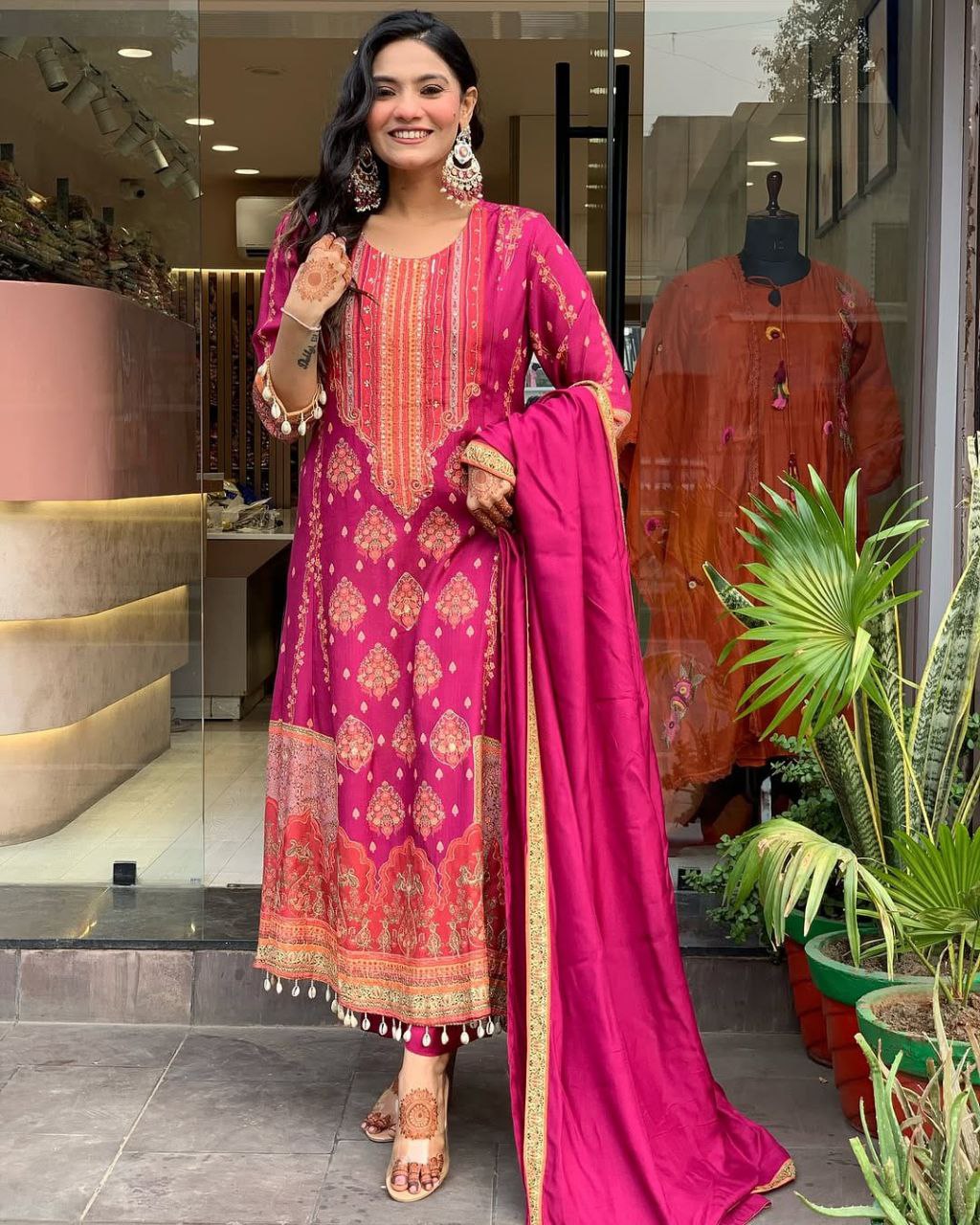 Pakistani Reshmi Pink Diamond Silk Suit Set with Schiffli Hand Work