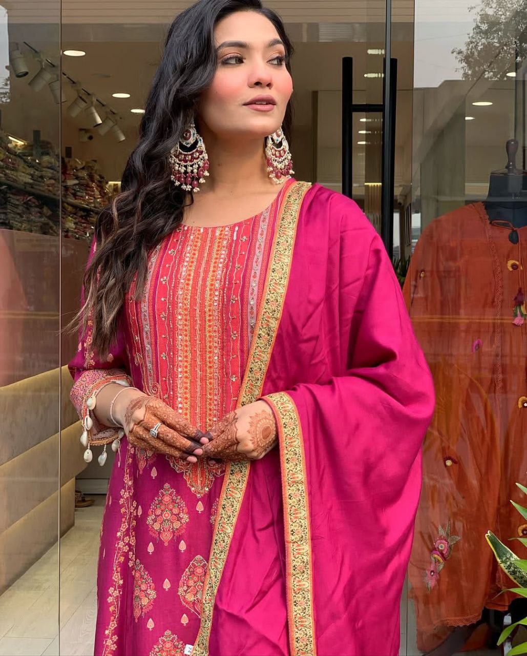 Pakistani Reshmi Pink Diamond Silk Suit Set with Schiffli Hand Work