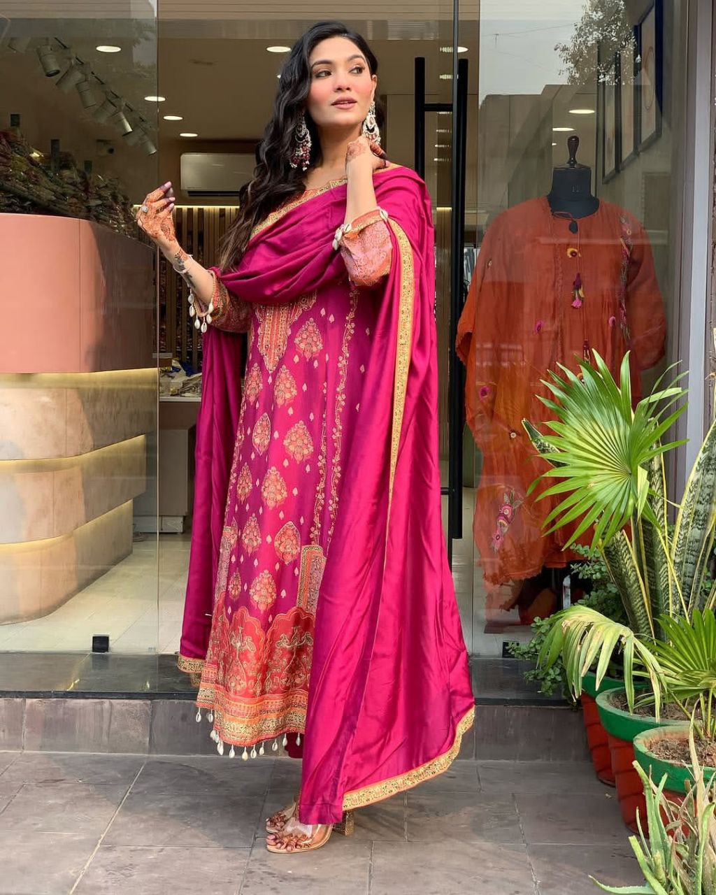 Pakistani Reshmi Pink Diamond Silk Suit Set with Schiffli Hand Work