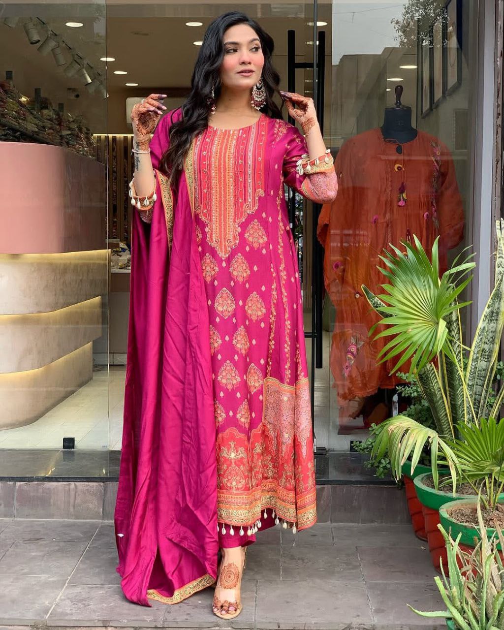 Pakistani Reshmi Pink Diamond Silk Suit Set with Schiffli Hand Work