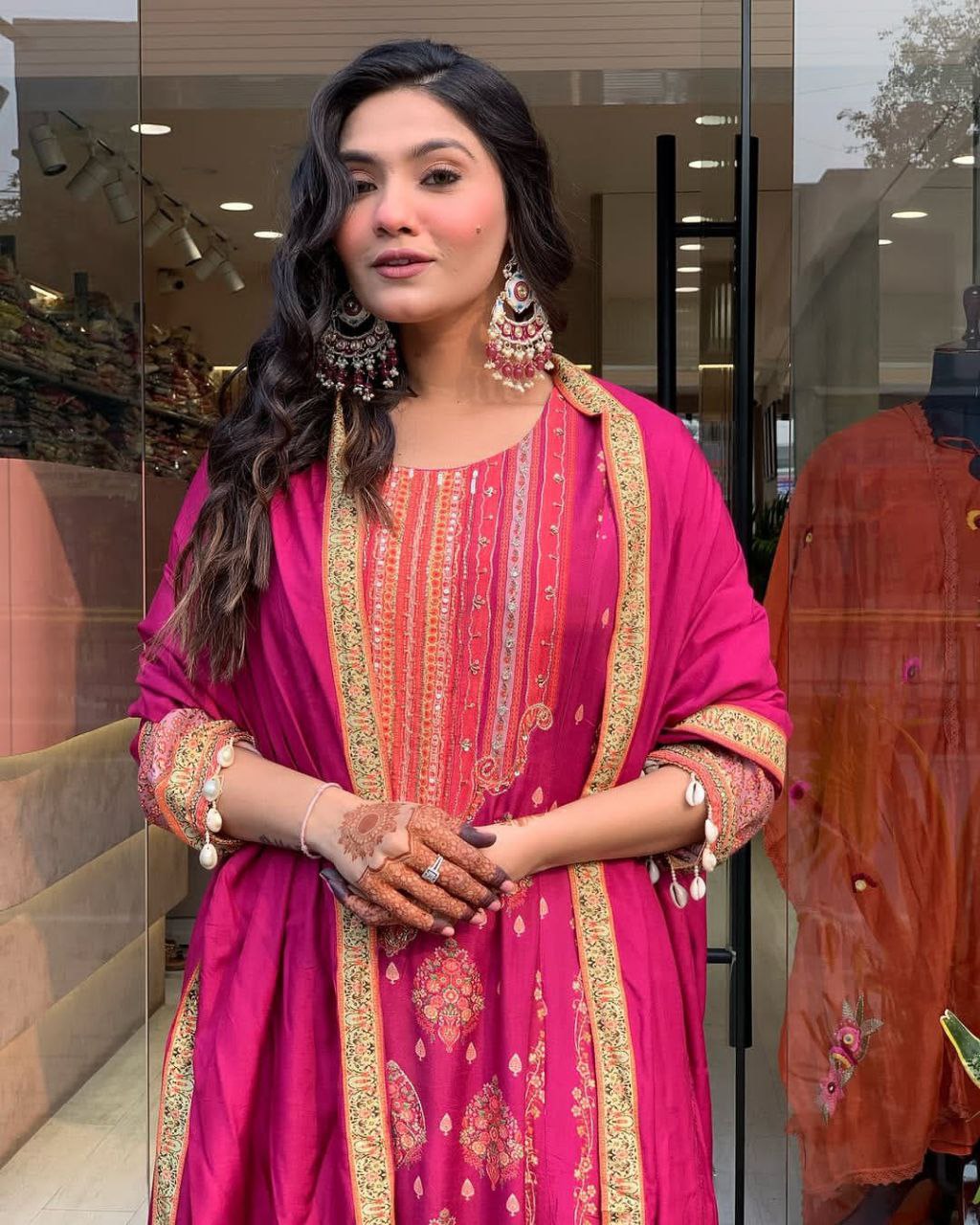Pakistani Reshmi Pink Diamond Silk Suit Set with Schiffli Hand Work