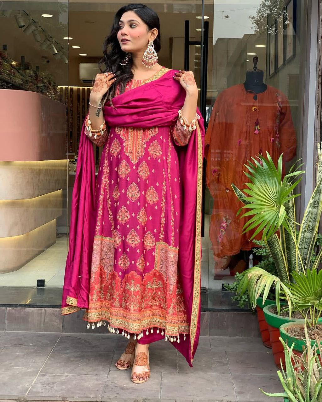 Pakistani Reshmi Pink Diamond Silk Suit Set with Schiffli Hand Work
