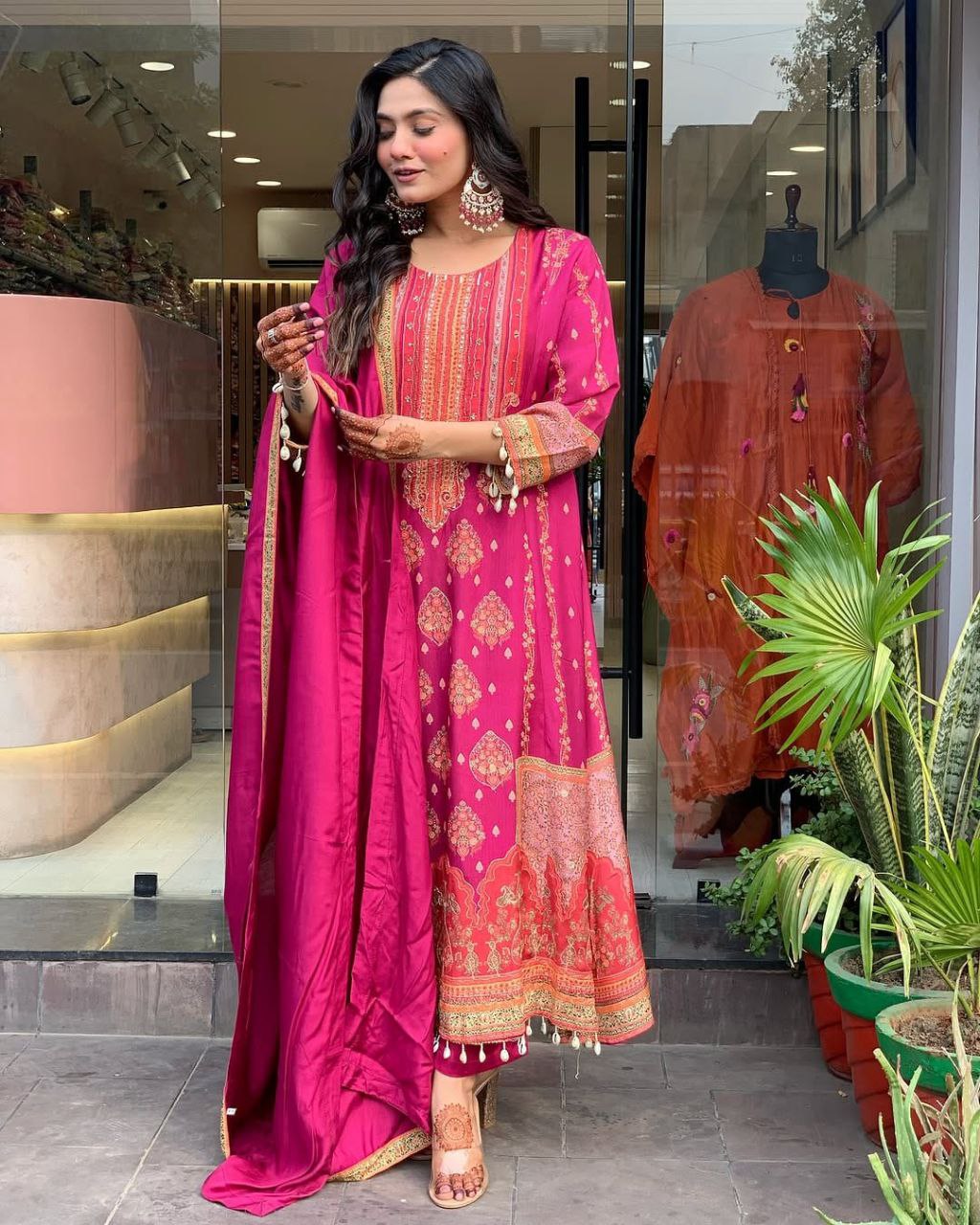 Pakistani Reshmi Pink Diamond Silk Suit Set with Schiffli Hand Work