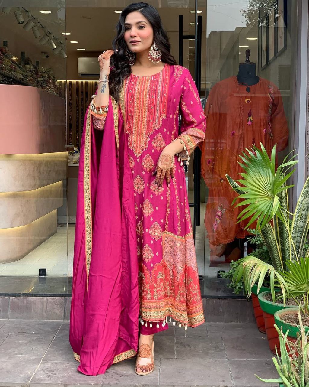 Pakistani Reshmi Pink Diamond Silk Suit Set with Schiffli Hand Work