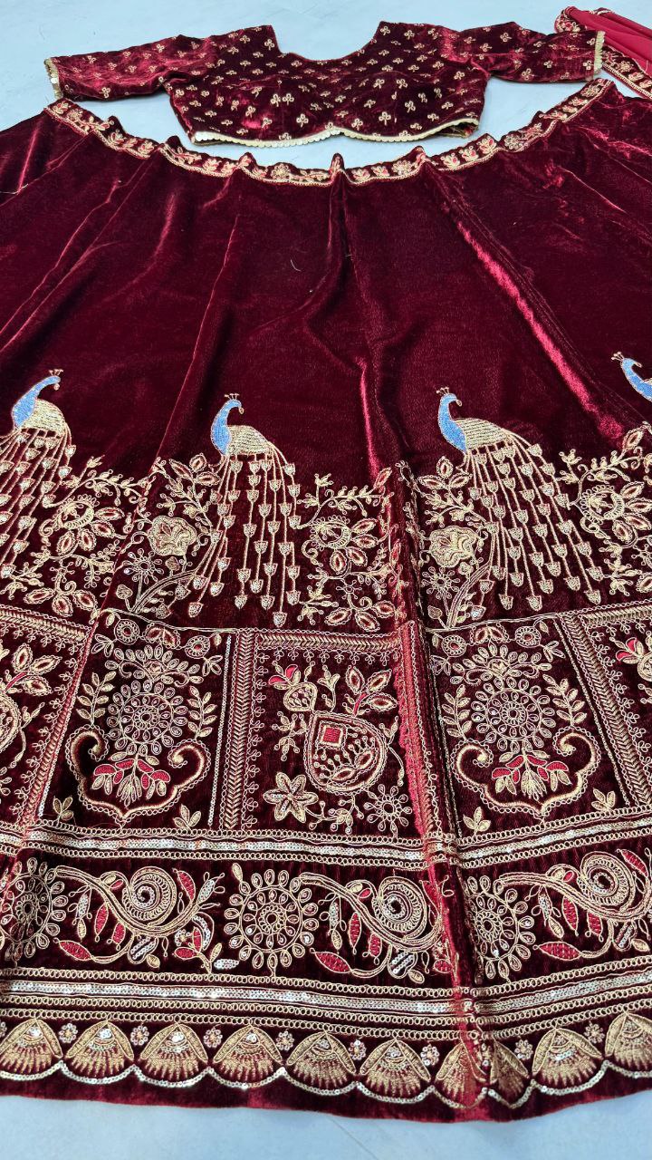 New Boutique Style Velvet Cording Sequence Embroidered Lehenga Choli with Dupatta β Luxe Elegance Redefined!