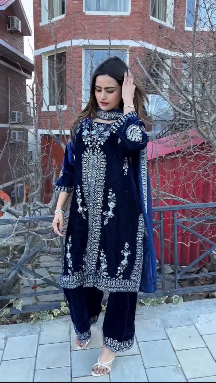 Transform Your Winter Wardrobe with the Adorable Heavy Velvet Sequence Embroidery Work Suit!