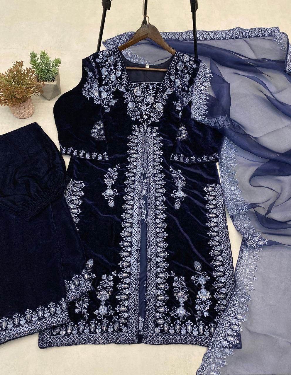 Transform Your Winter Wardrobe with the Adorable Heavy Velvet Sequence Embroidery Work Suit!