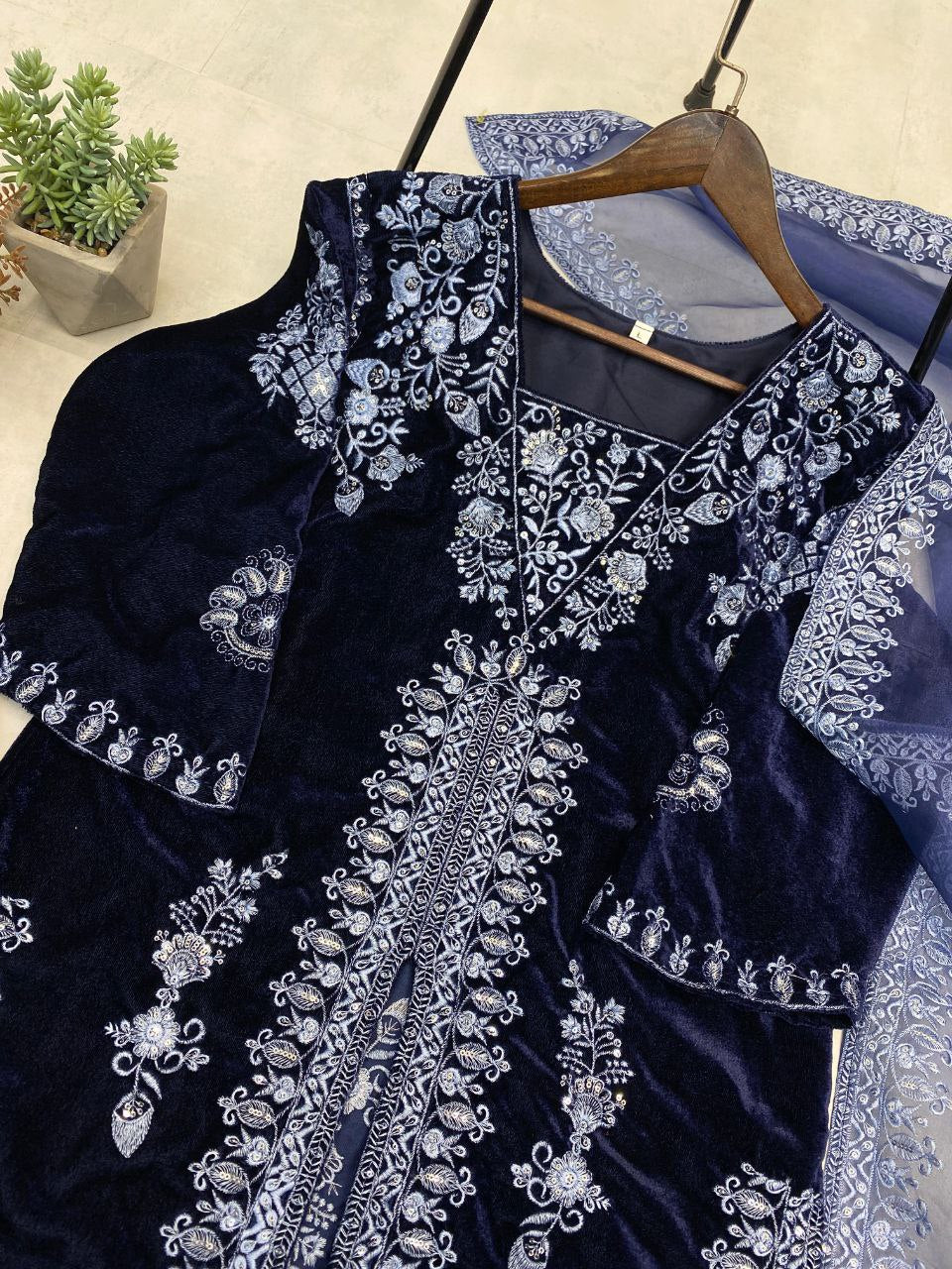 Transform Your Winter Wardrobe with the Adorable Heavy Velvet Sequence Embroidery Work Suit!