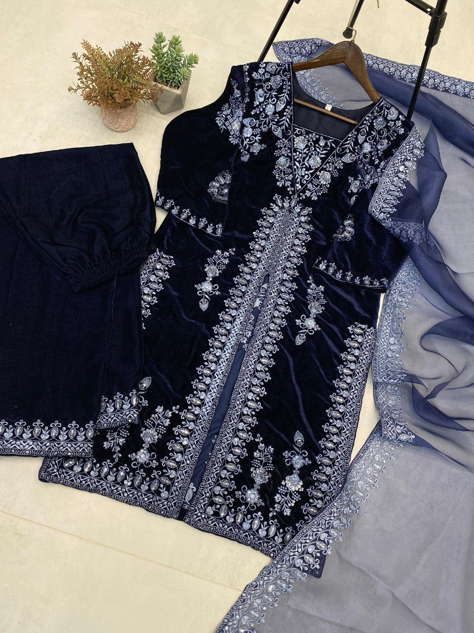 Transform Your Winter Wardrobe with the Adorable Heavy Velvet Sequence Embroidery Work Suit!