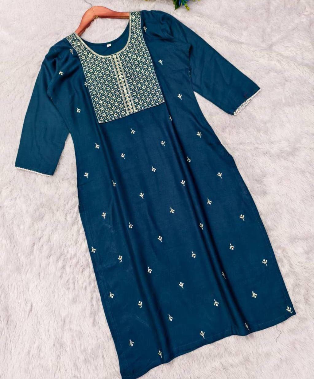 Premium Rayon Kurti‑Pant Set – Embroidery Work with Cotton Bottom