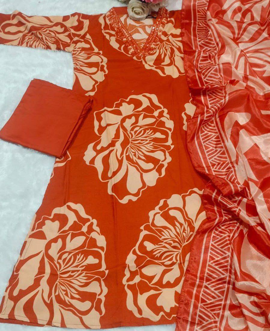 Premium Slub Cotton Kurti‑Pant‑Dupatta Set – Mirror Embroidery Neck