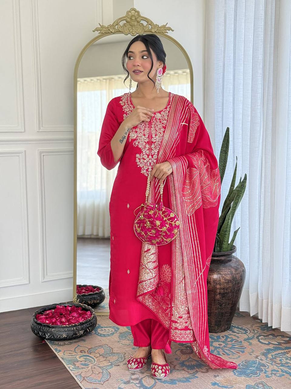 Premium Roman Silk Kurta‑Pant‑Dupatta Set – Sequins Embroidery with Chanderi Jacquard Dupatta