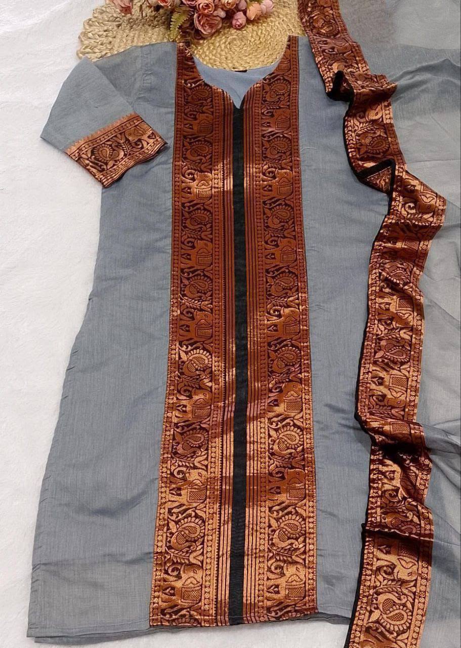 Premium Kanchi Cotton Kurti‑Dupatta Set – V‑Neck Design