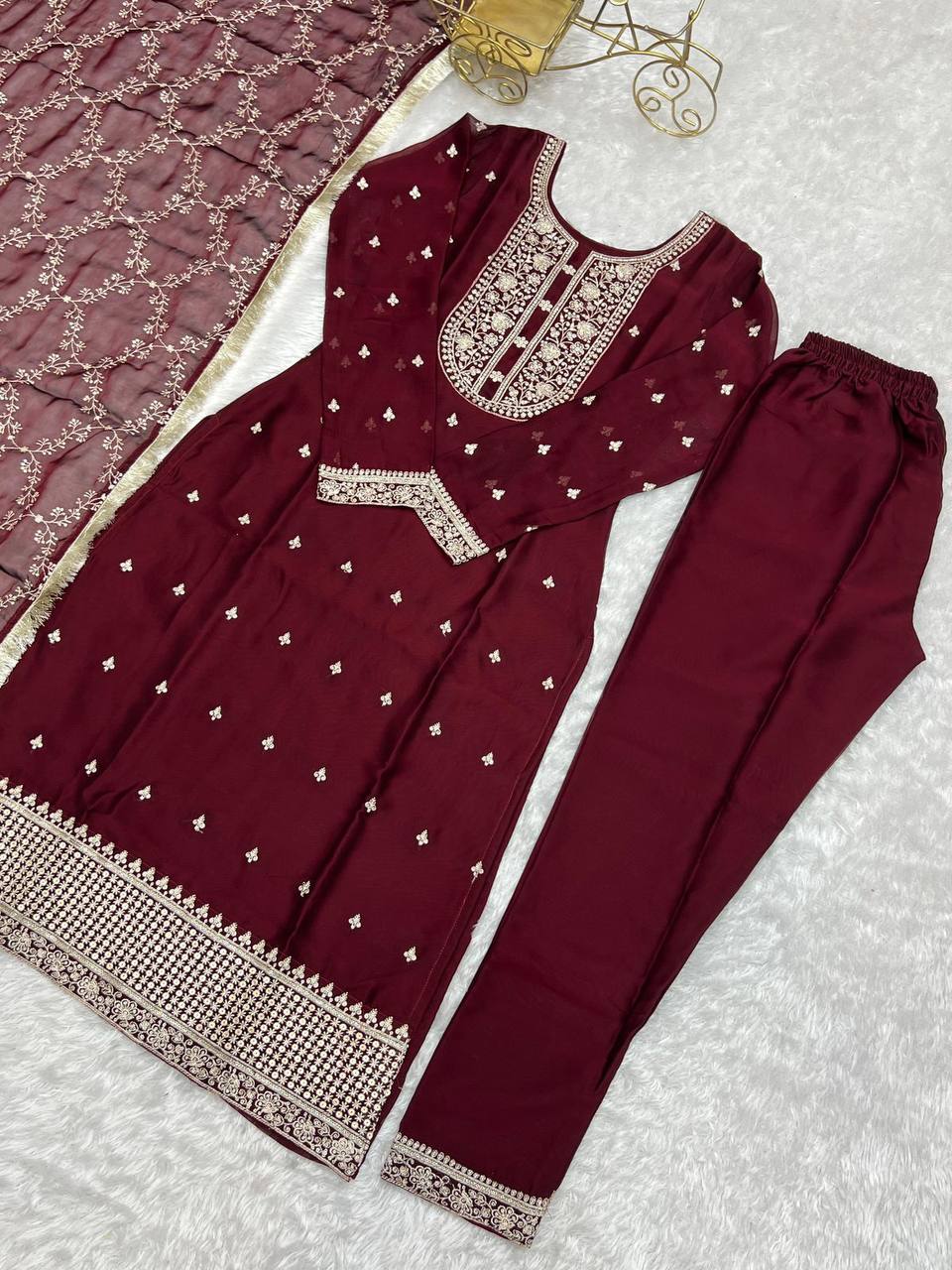 Premium Rangoli Silk Kurta‑Pant‑Dupatta Set – Sequins & Thread Embroidery with Lace Border
