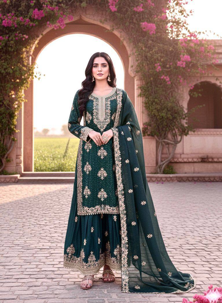 Premium GMY Silk Top‑Plazzo‑Dupatta Set – Heavy Sequins Embroidery