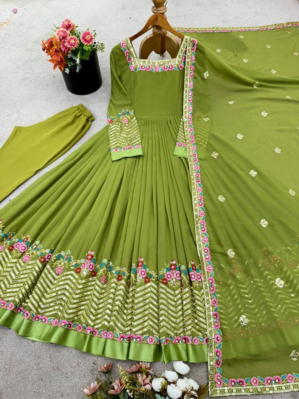 Elegant Embroidered Georgette Anarkali Set – Sequins Work Gown, Bottom & Dupatta