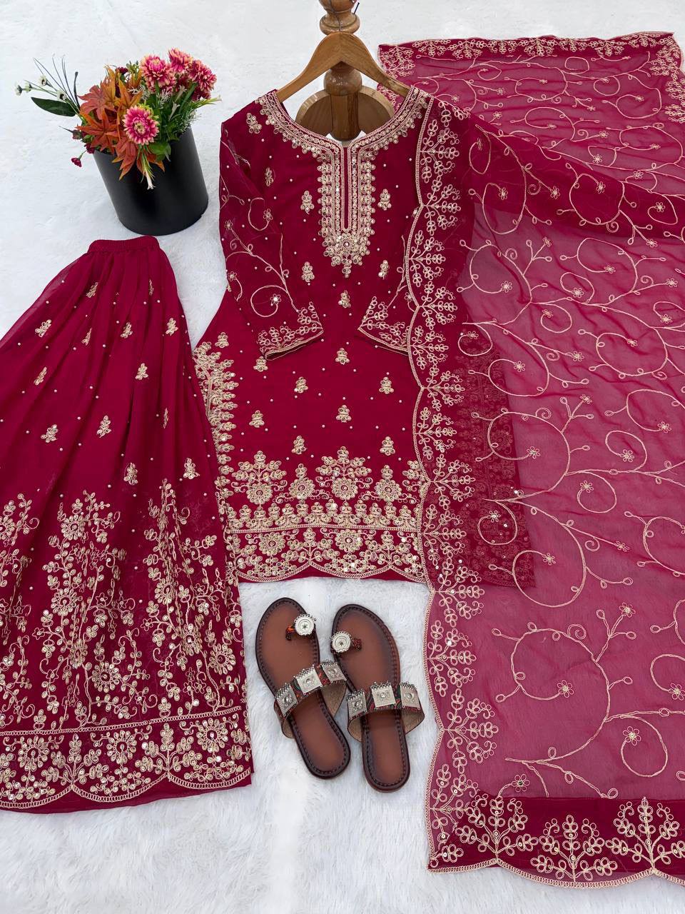 Premium Designer GMY Silk Top‑Plazzo‑Dupatta Set – Heavy Embroidery Sequins Work