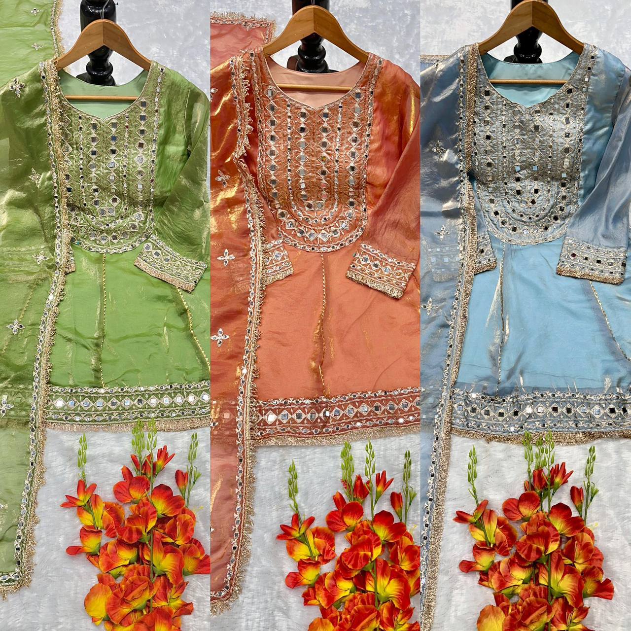 Premium Designer Party Wear Top with Dhoti & Dupatta – Heavy Frandy Silk with Real Mirror Embroidery