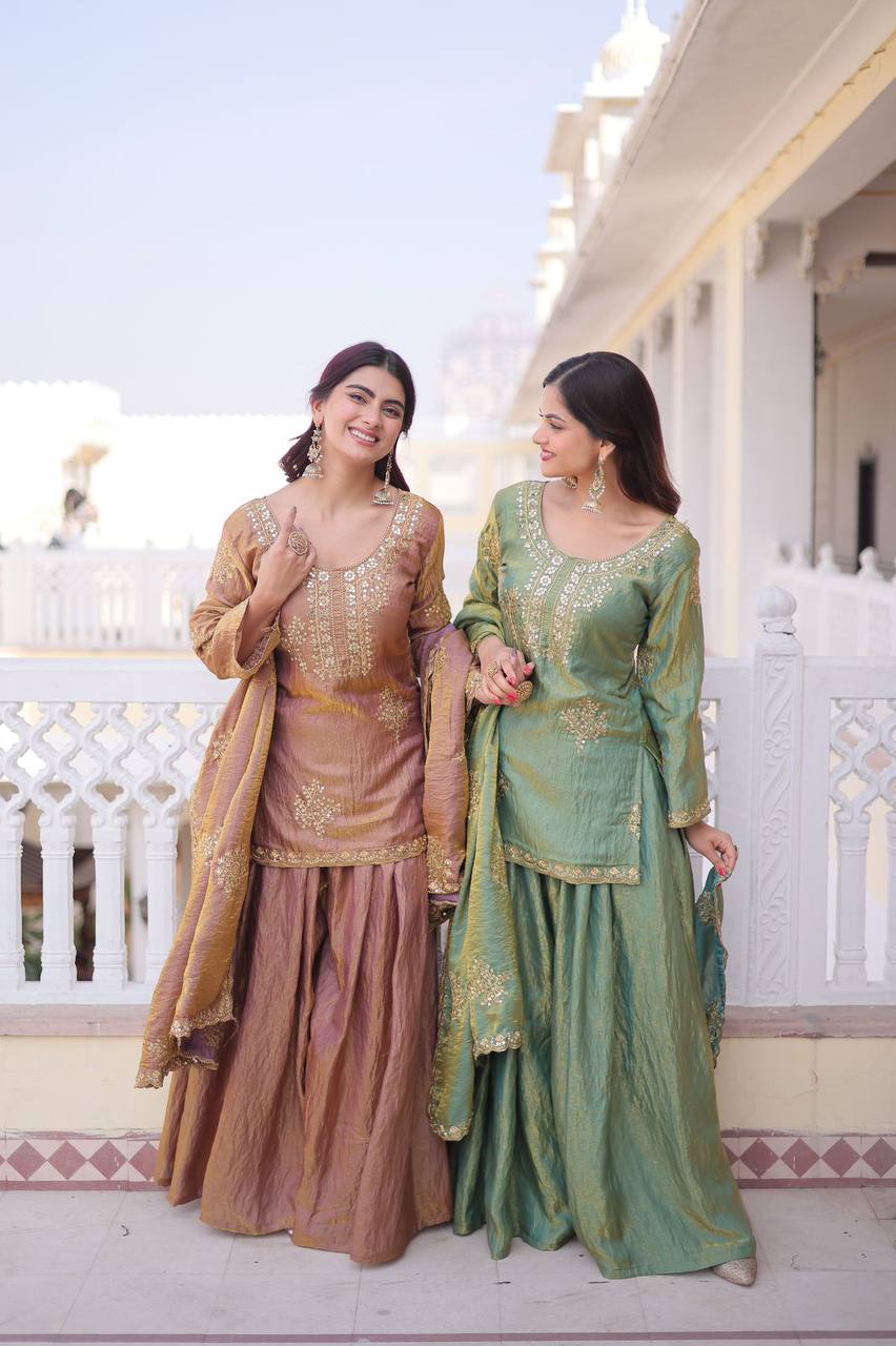 Premium Designer Readymade Kurti Sharara Dupatta Set – Fendi Crush Silk with Zari Sequins Embroidery (2026 Collection)