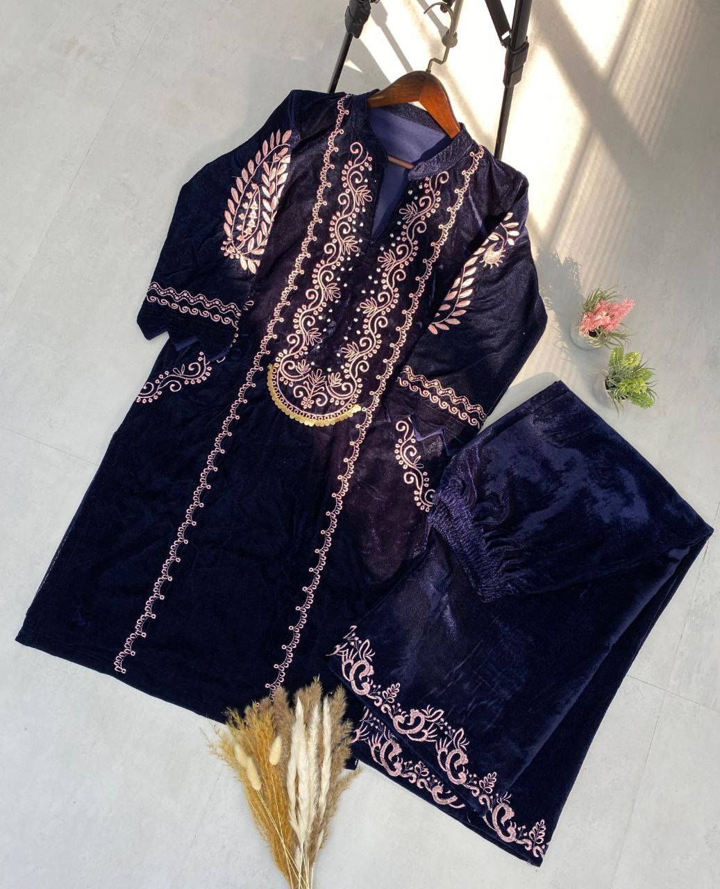 Winter Elegance – Designer Velvet Embroidery Suit with Pocket