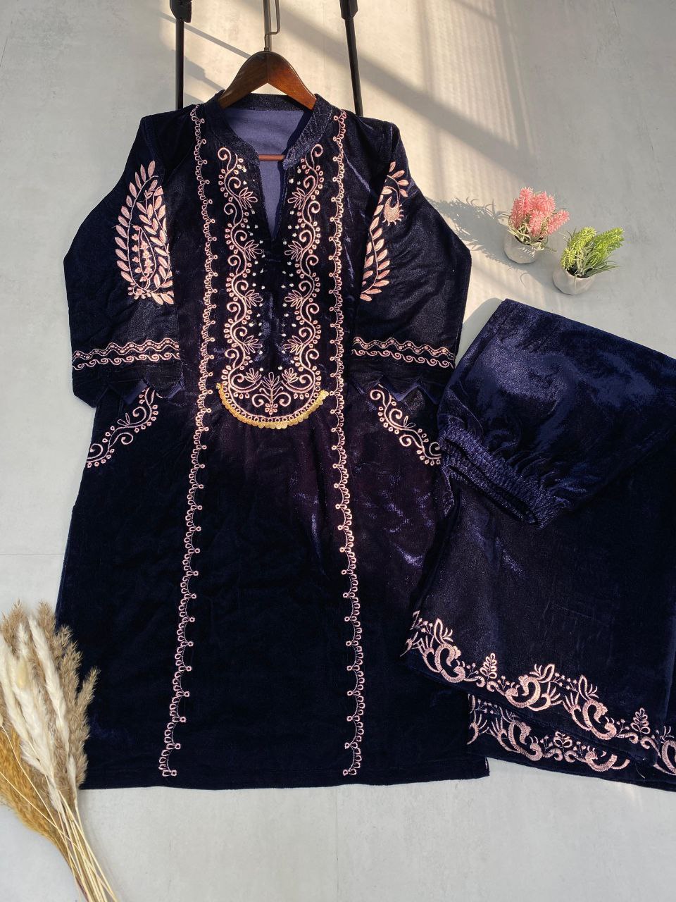 Winter Elegance – Designer Velvet Embroidery Suit with Pocket